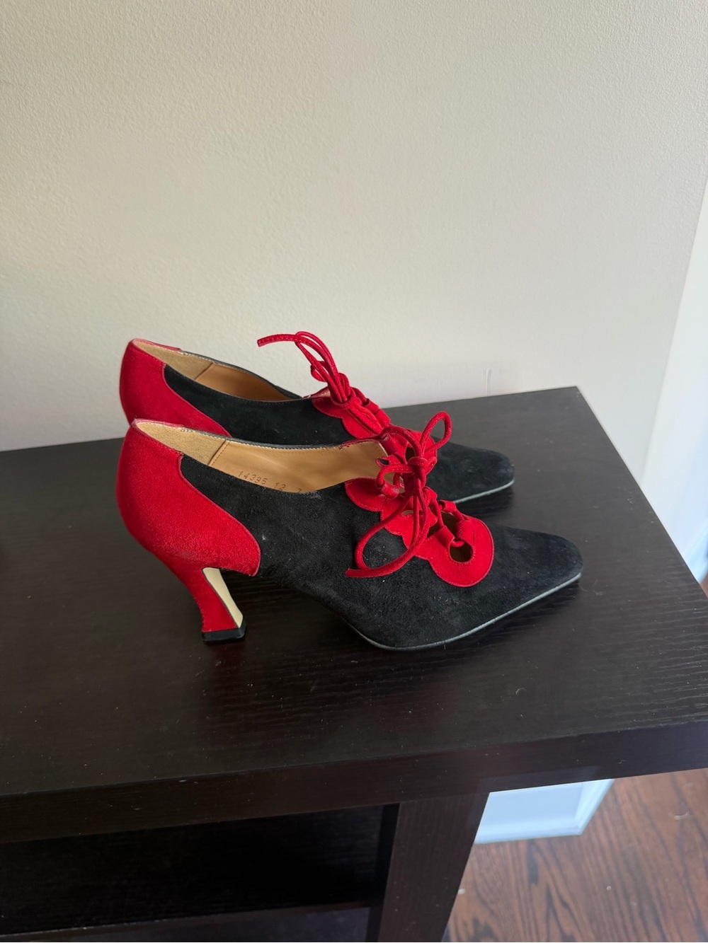 Sacha Too Two-Tone Suede Lace-Up Heels in Black and Red